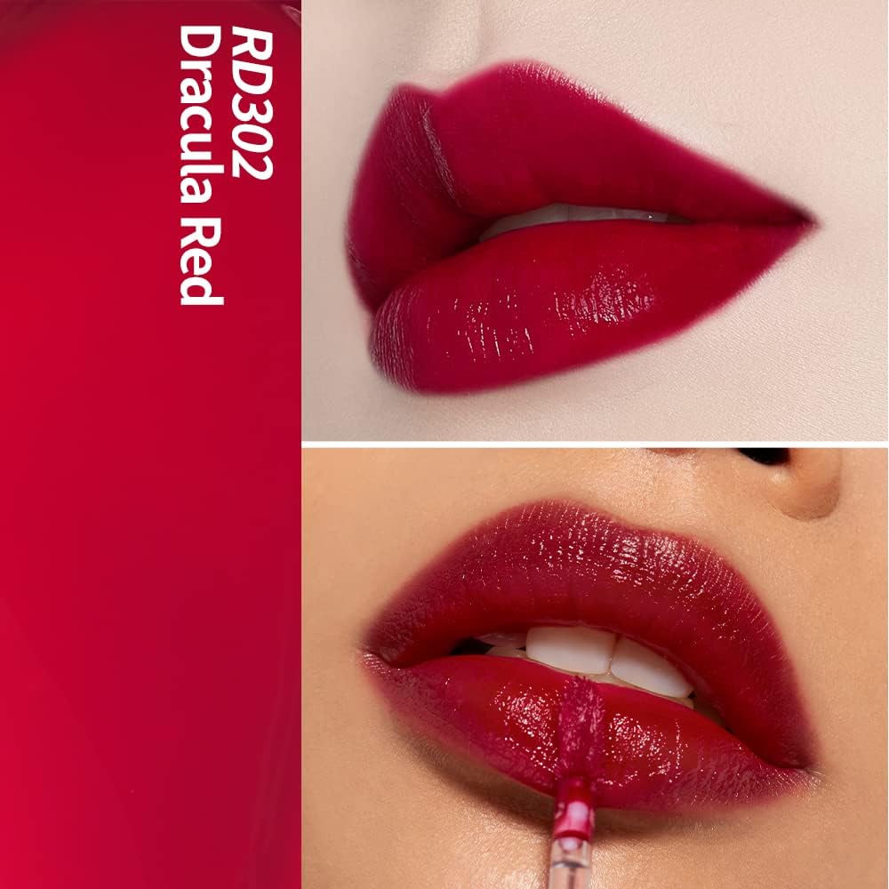 Swatch of ETUDE Dear Darling Dracula Red tint on different skin tones.