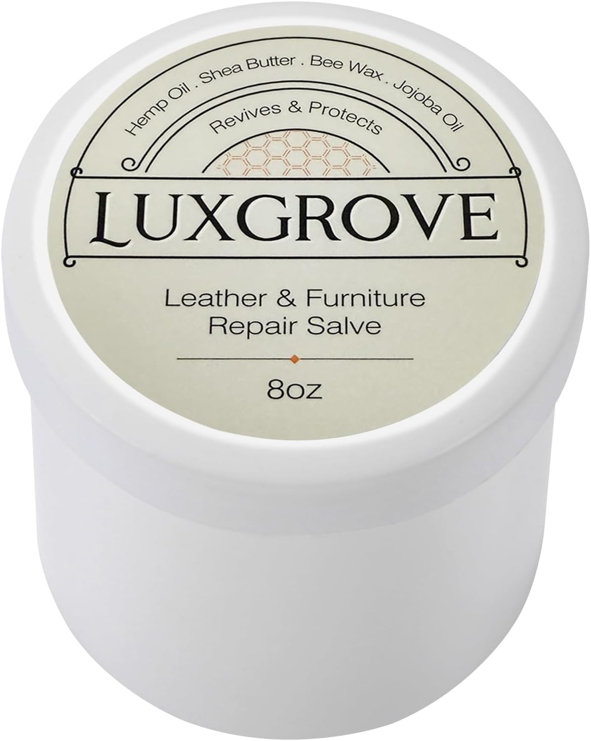 LUXGROVE Leather and Furniture Repair Salve 8 Ounce container front view for premium leather restoration.