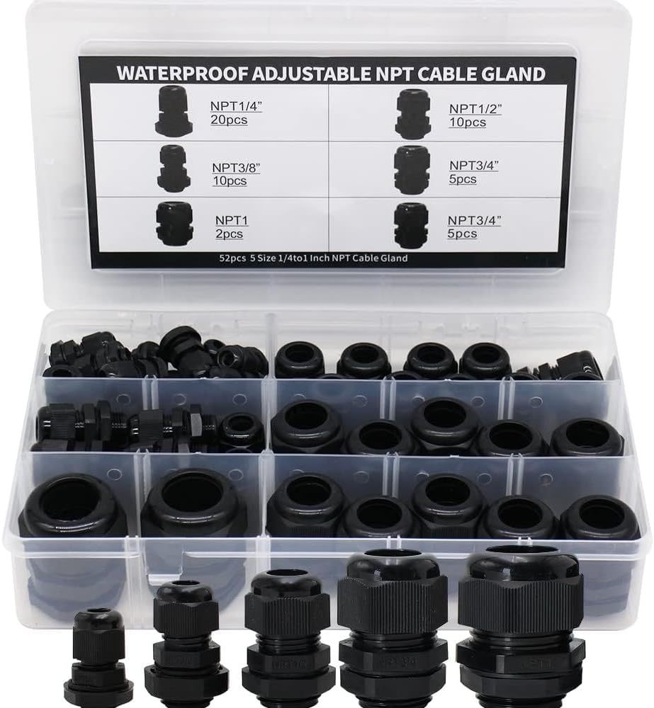 NPT Cable Glands 1/4" 3/8" 1/2" 3/4" 1"- 52 Pack Black Plastic Waterproof IP68 Adjustable 3-25mm Cable Connectors Cable Gland Joints with Strain Relief Gaskets,with Durable PP Storage Case - Image 9