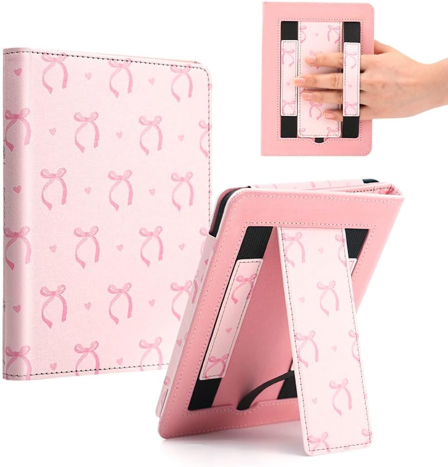 EJU Pink Bow Kindle Paperwhite Case front view with aesthetic design.