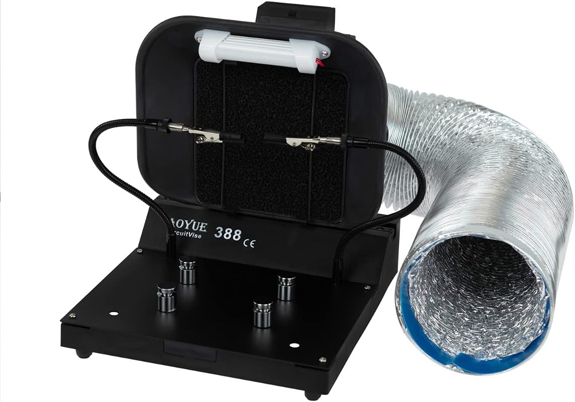 Aoyue 388 CircuitVise front view showing the complete workstation platform and fume extractor