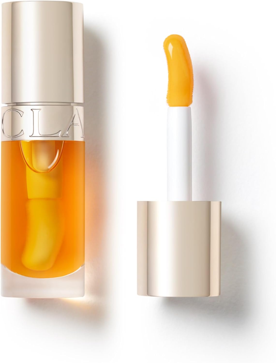 Clarins Lip Comfort Oil front view with golden honey tint and metallic cap