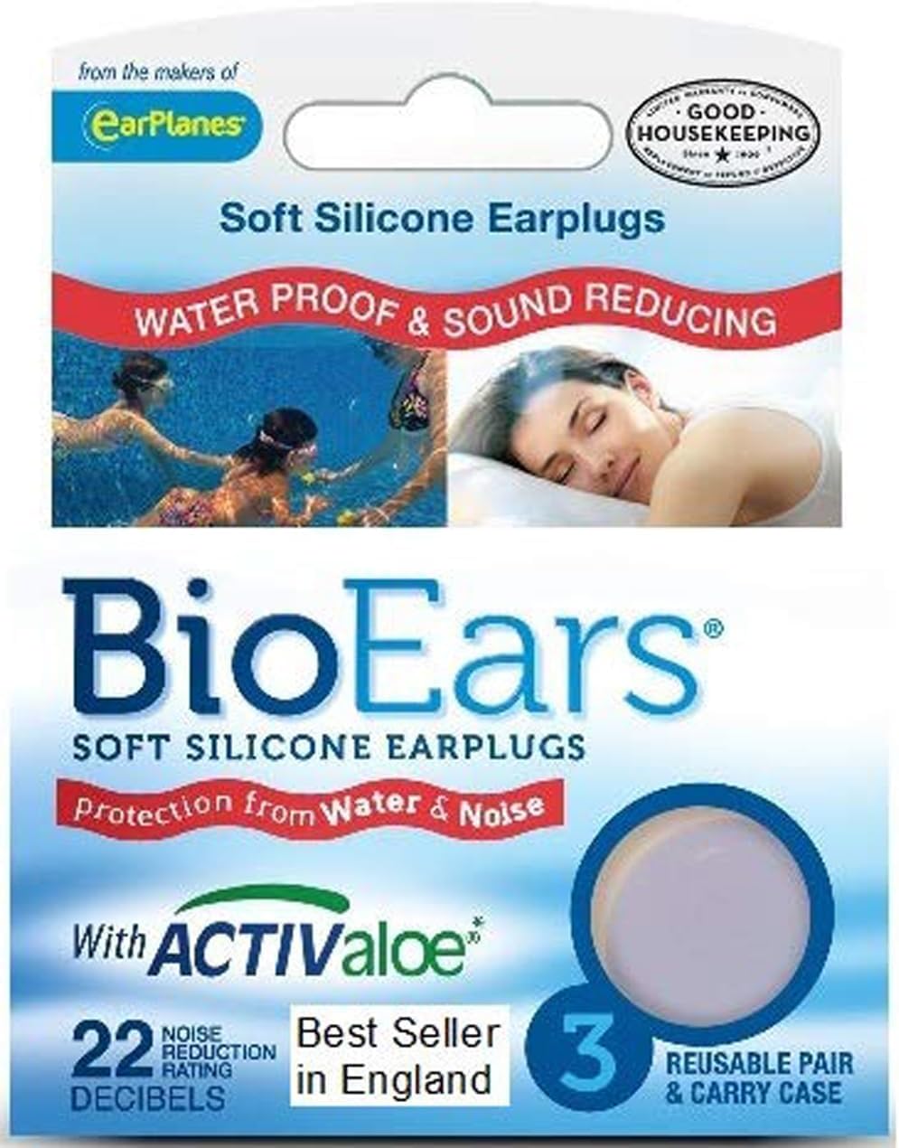 BioEars Soft Silicone Sound Reducing Reusable Ear Plugs for Sleep, Meditation, Study, Swim with Carry Case and Activ Aloe, 3 Pair - Pack of 2 - Image 1