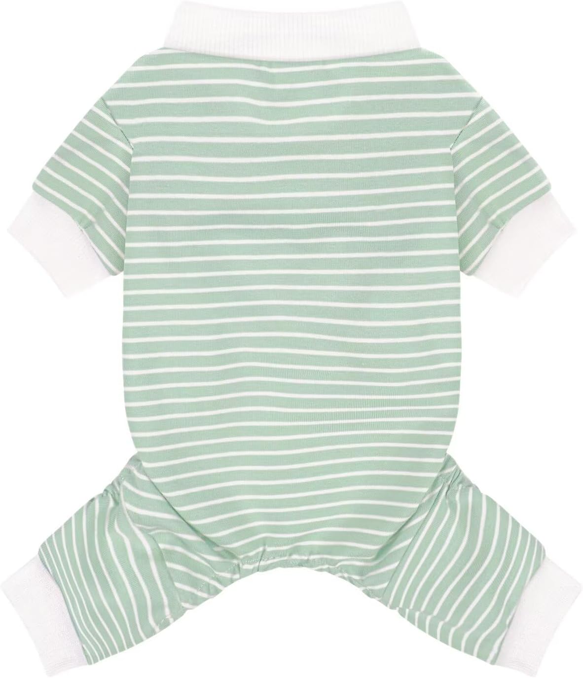 Paiaite green striped dog pajamas front view showing the comfortable round neck design on a medium puppy.