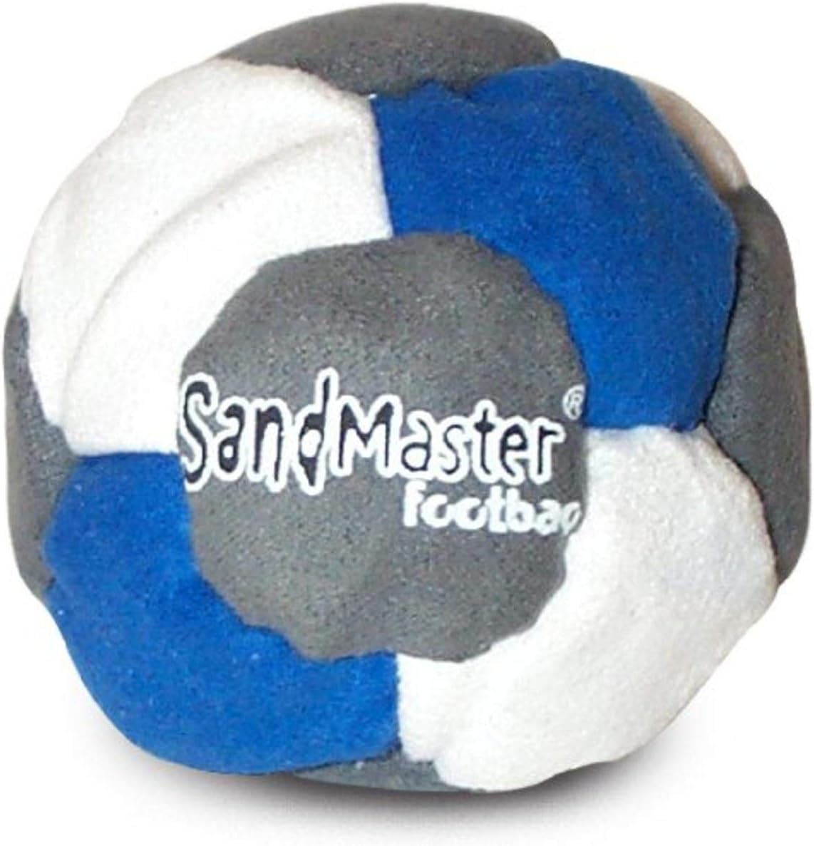 World Footbag SandMaster Hacky Sack front view featuring the grey blue and white color panels.
