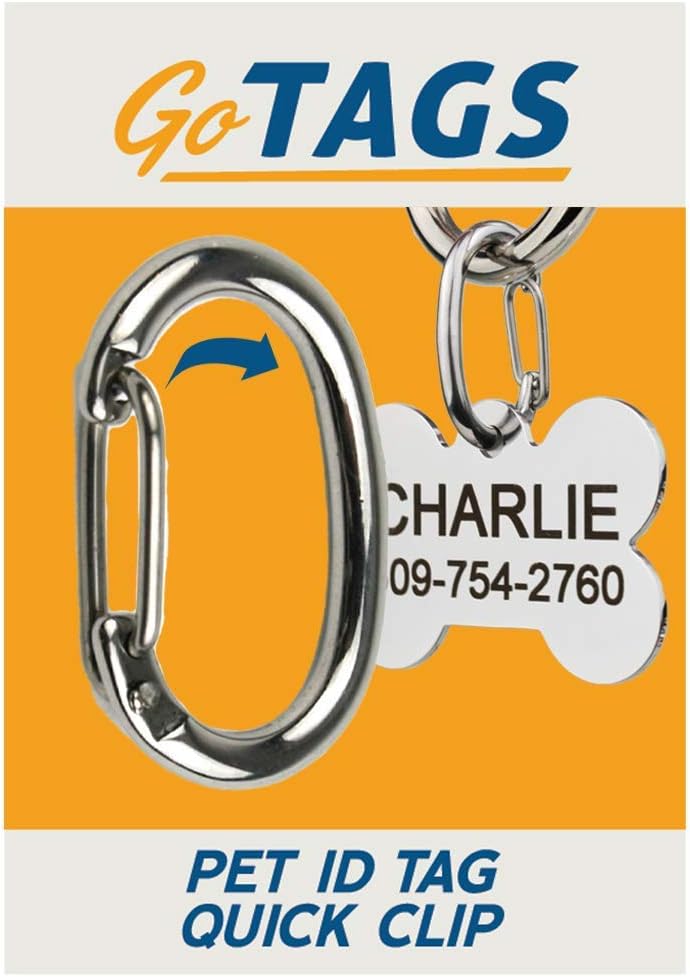 GoTags pet ID dog tag clip front view showing stainless steel carabiner design