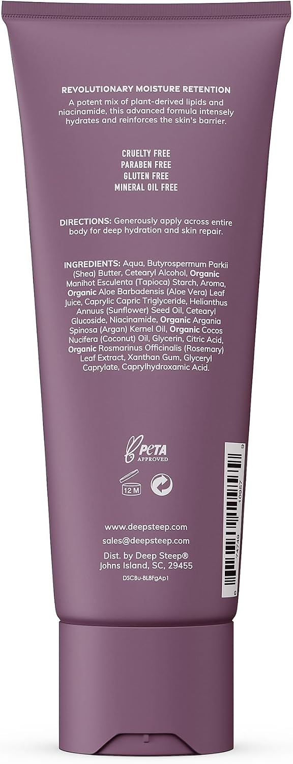 Deep Steep body lotion bottle showing pump dispenser and net weight details.
