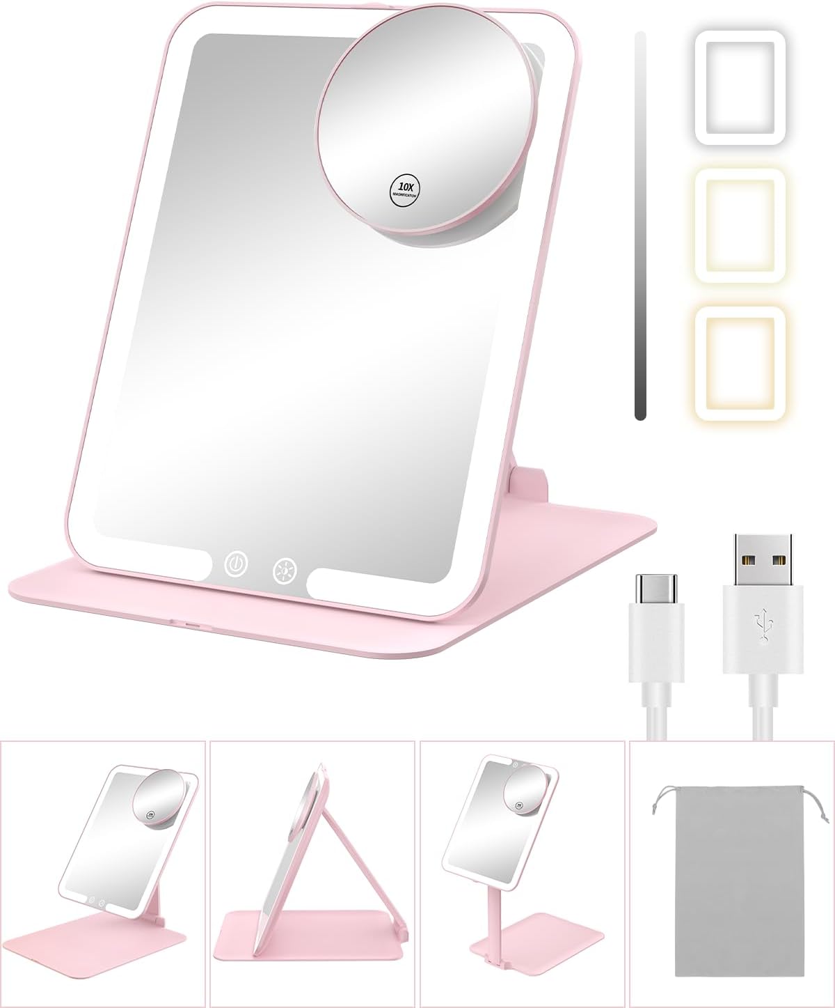 Gospire Travel Makeup Mirror with Lights and Magnification 10X, Portable Make Up Compact Tabletop Mirror with Adjustable Stand, 3 Colored Lights Rechargeable Lighted LED Vanity Mirror - Pink - Image 1