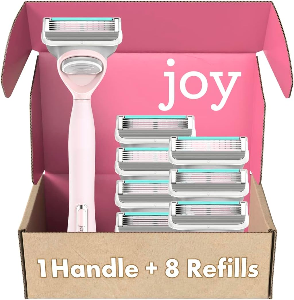 Joy Razors for Women set with pink handle and 8 refills front view