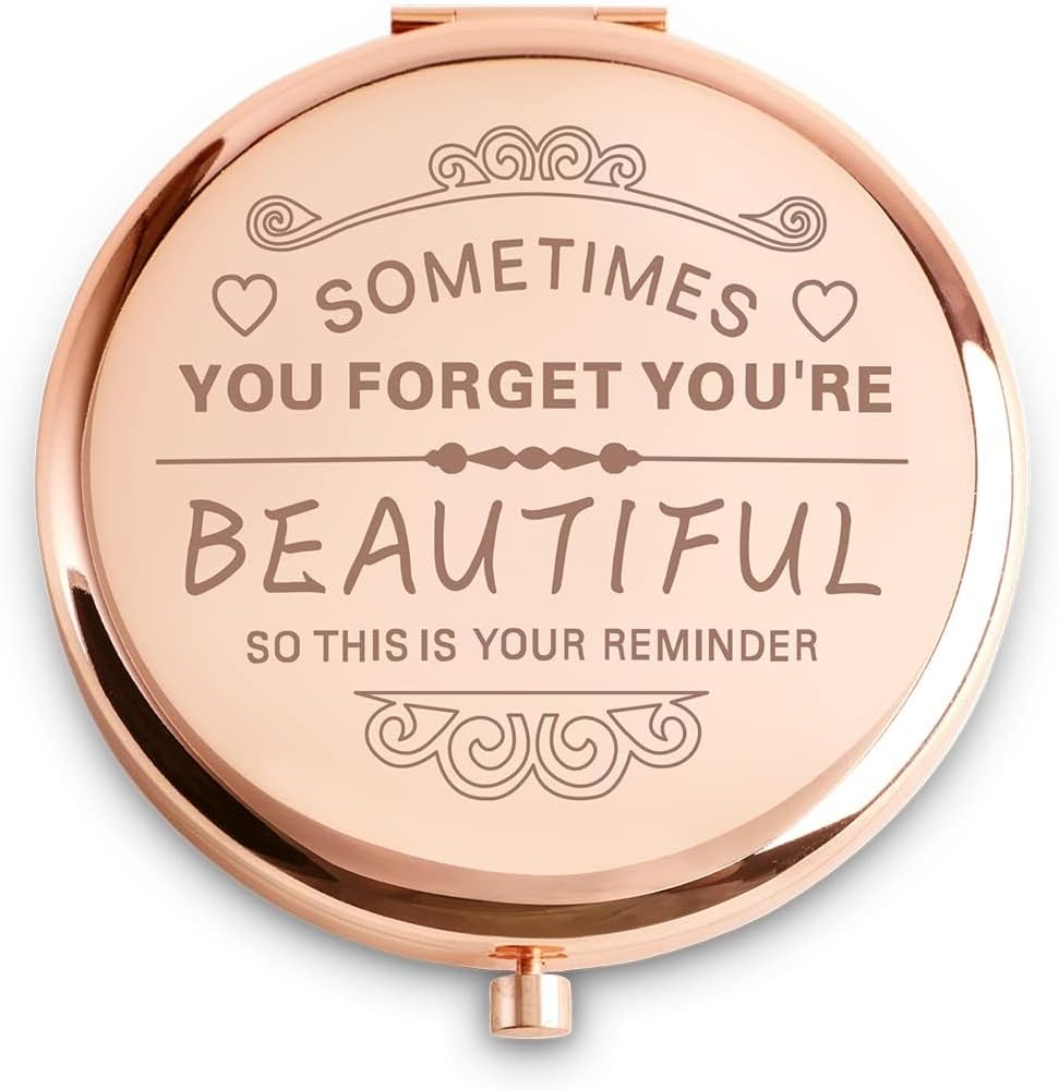 QUSTGO personalized compact mirror front view showing rose gold engraved finish