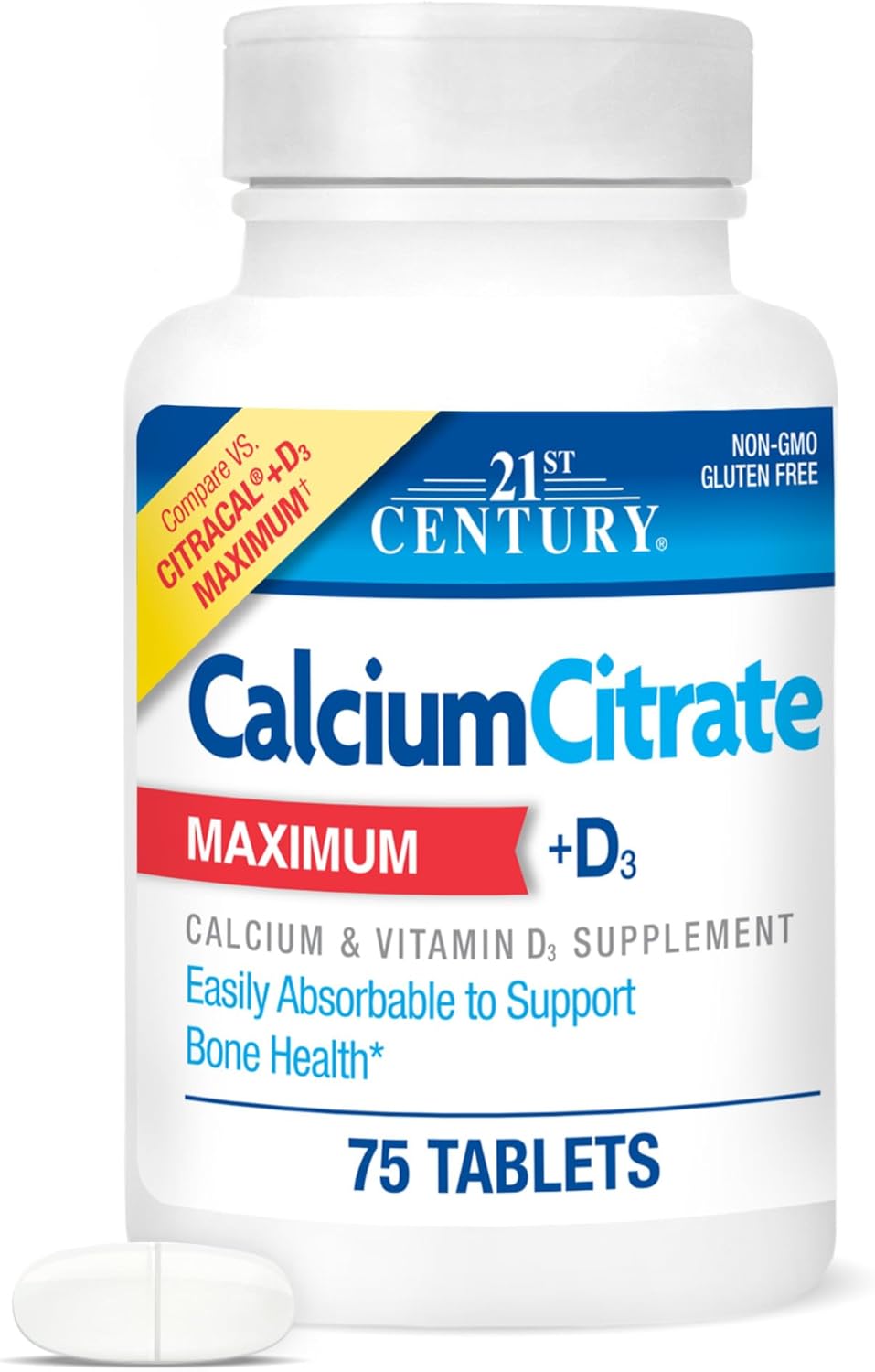 21st Century Calcium Citrate Plus D Maximum Caplets front view bottle packaging