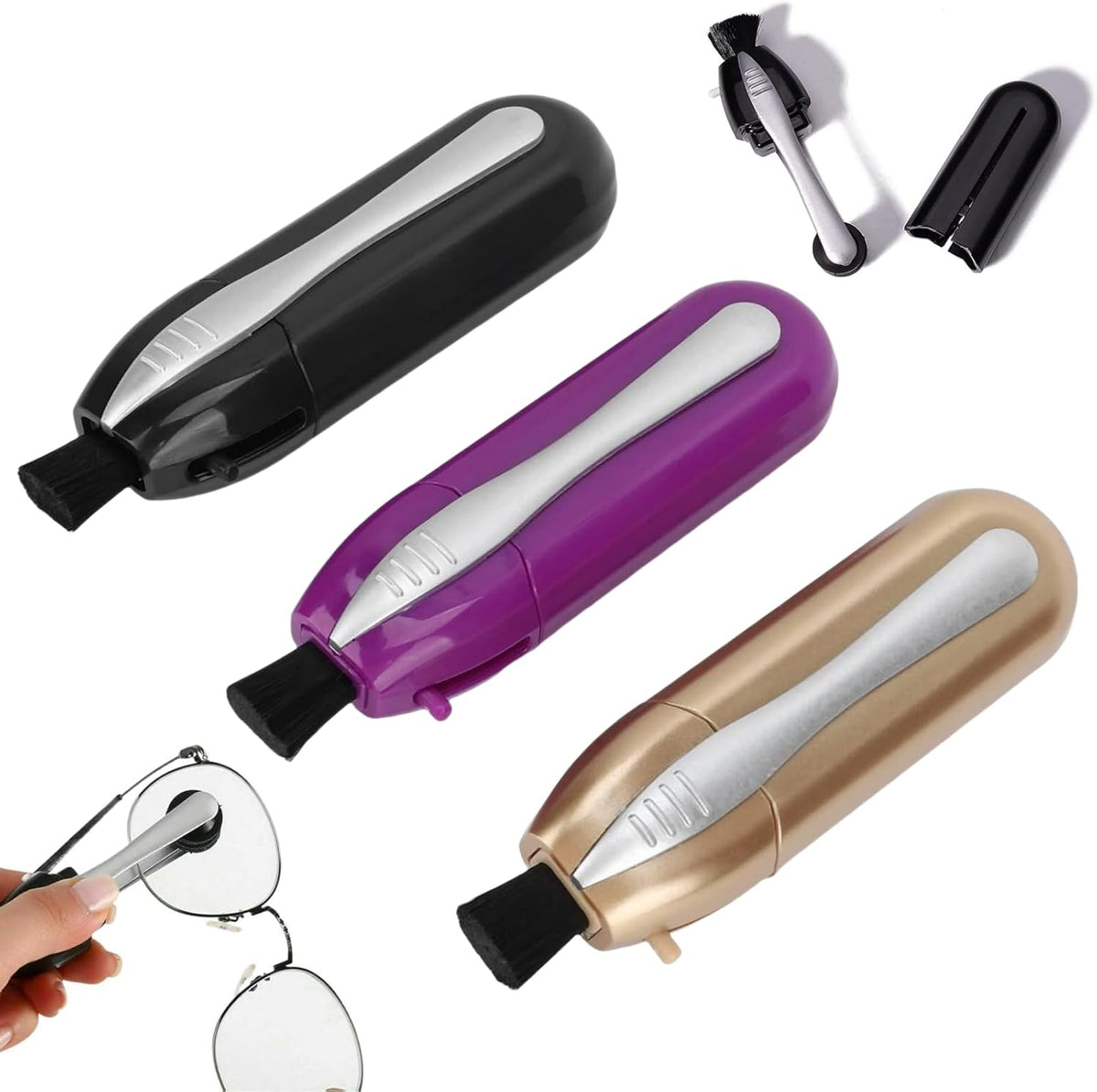 Generic portable glasses cleaner 3-piece set showing the front view of the compact cleaning tools.