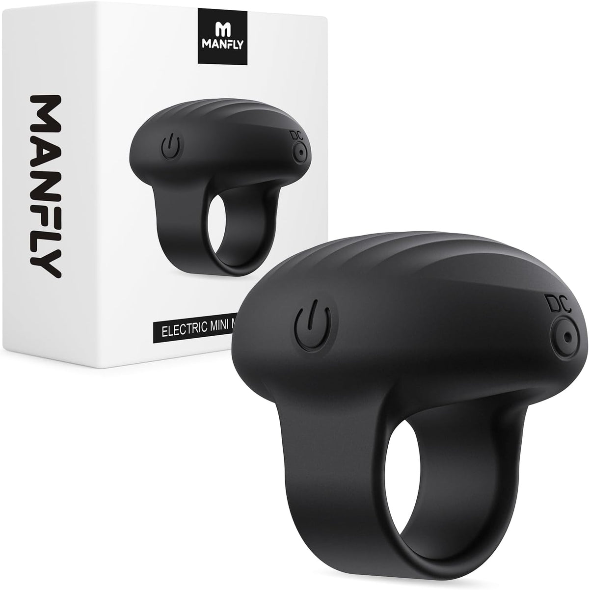 MANFLY Mini Finger Massager in black showing the front view wearable design.