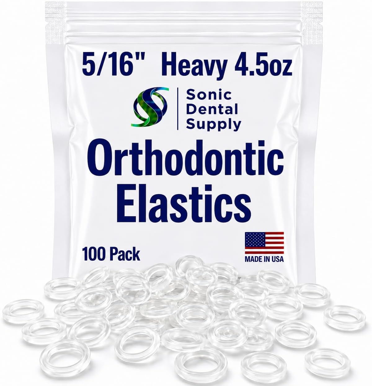Sonic Dental Supply orthodontic elastic rubber bands front view product packaging