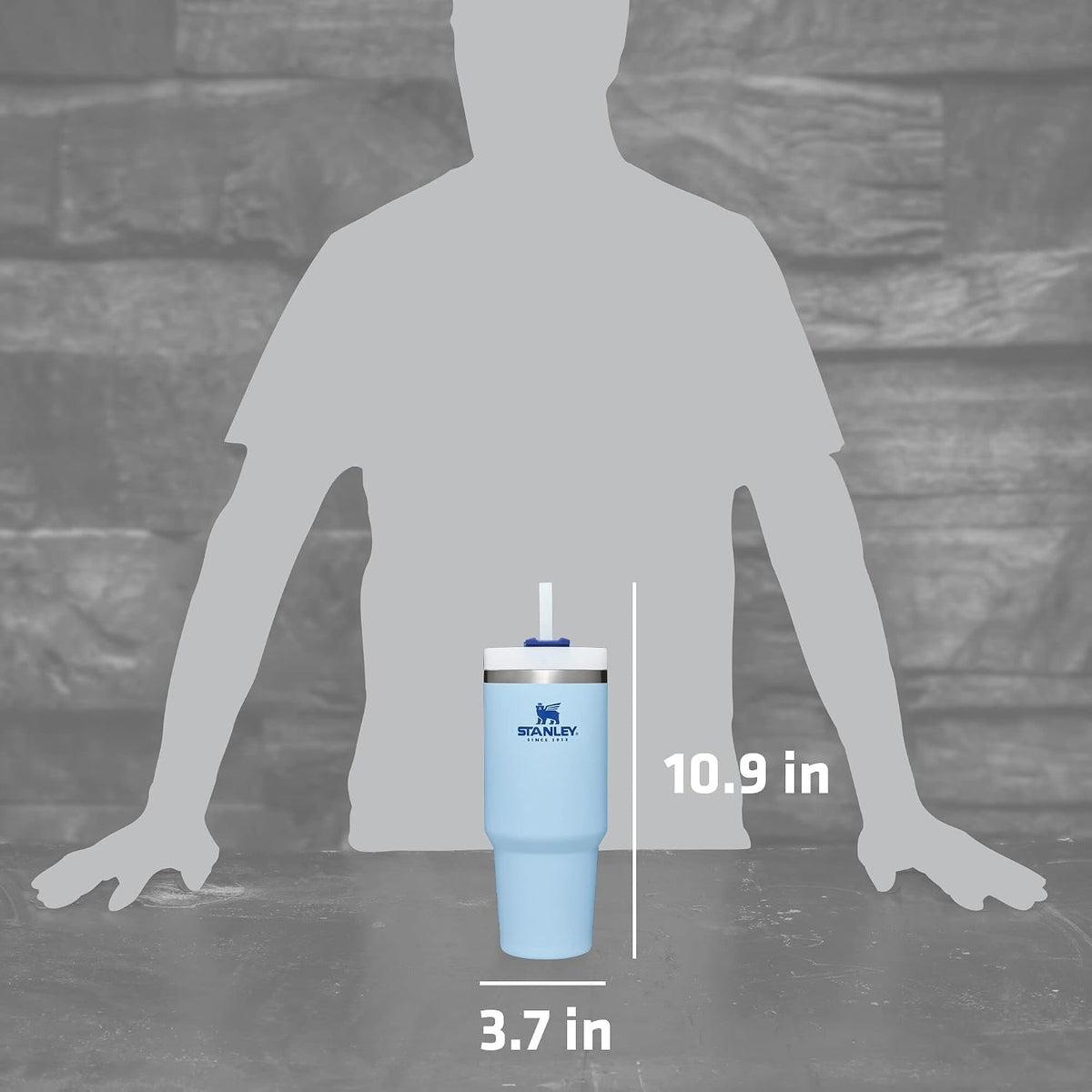 Authentic Stanley imported USA emotional lifestyle hydration tumbler standing on a desk.