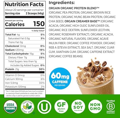 Orgain Organic Vegan Protein Powder, Iced Coffee - 21g Plant Protein, 60mg of Caffeine, Low Net Carb, No Lactose Ingredients, No Added Sugar, Non-GMO, For Shakes & Smoothies, 2.03 lb - Image 3
