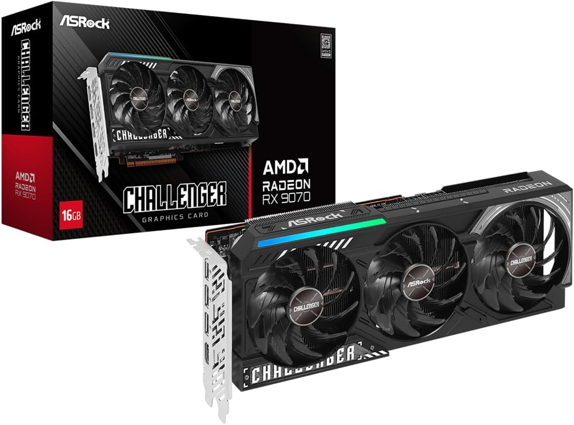 ASRock Radeon RX 9070 Challenger 16GB front view triple fan graphics card