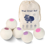 Gheri organic wool dryer balls six piece set front view in cotton drawstring storage bag