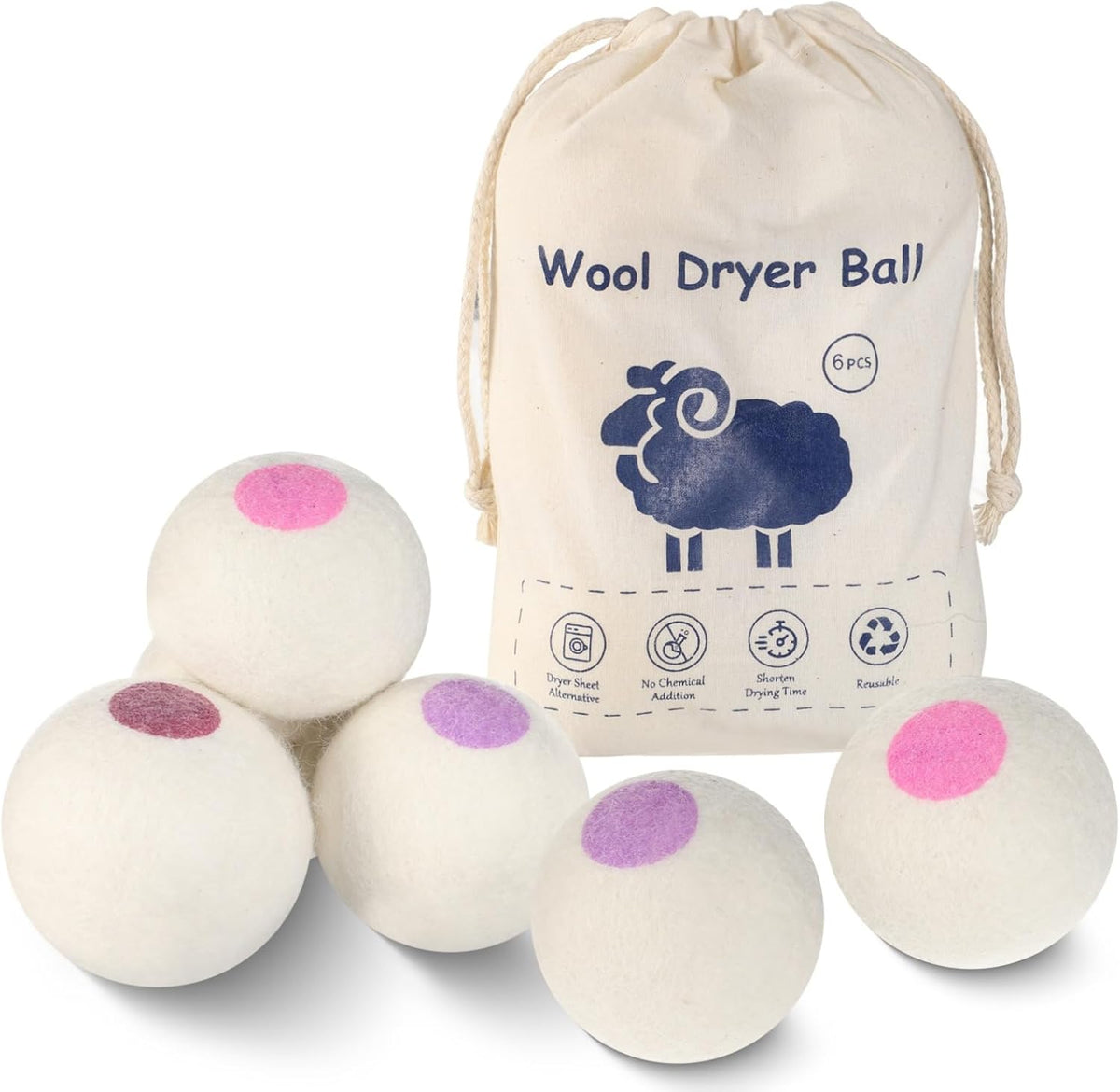 Gheri organic wool dryer balls six piece set front view in cotton drawstring storage bag