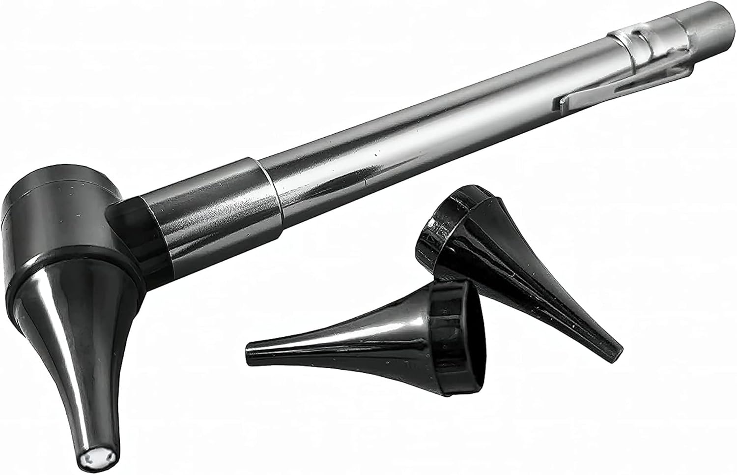 Doctor Mom pocket otoscope front view showing stainless steel body and LED light.