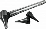 Doctor Mom pocket otoscope front view showing stainless steel body and LED light.