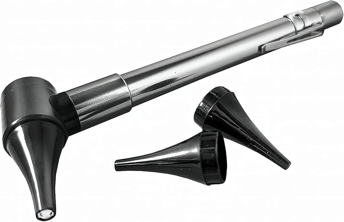 Doctor Mom pocket otoscope front view showing stainless steel body and LED light.