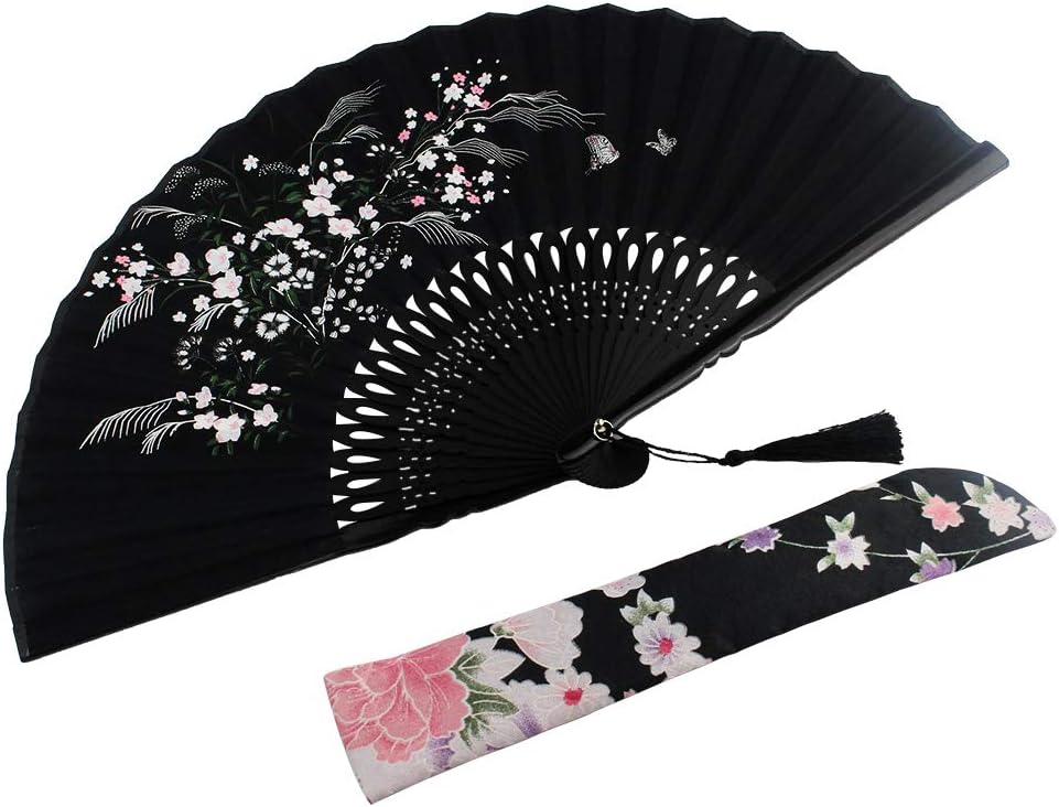 Wobe Black Linen Fabric Folding Hand Fan Grassflowers Bamboo for Summer - Image 7