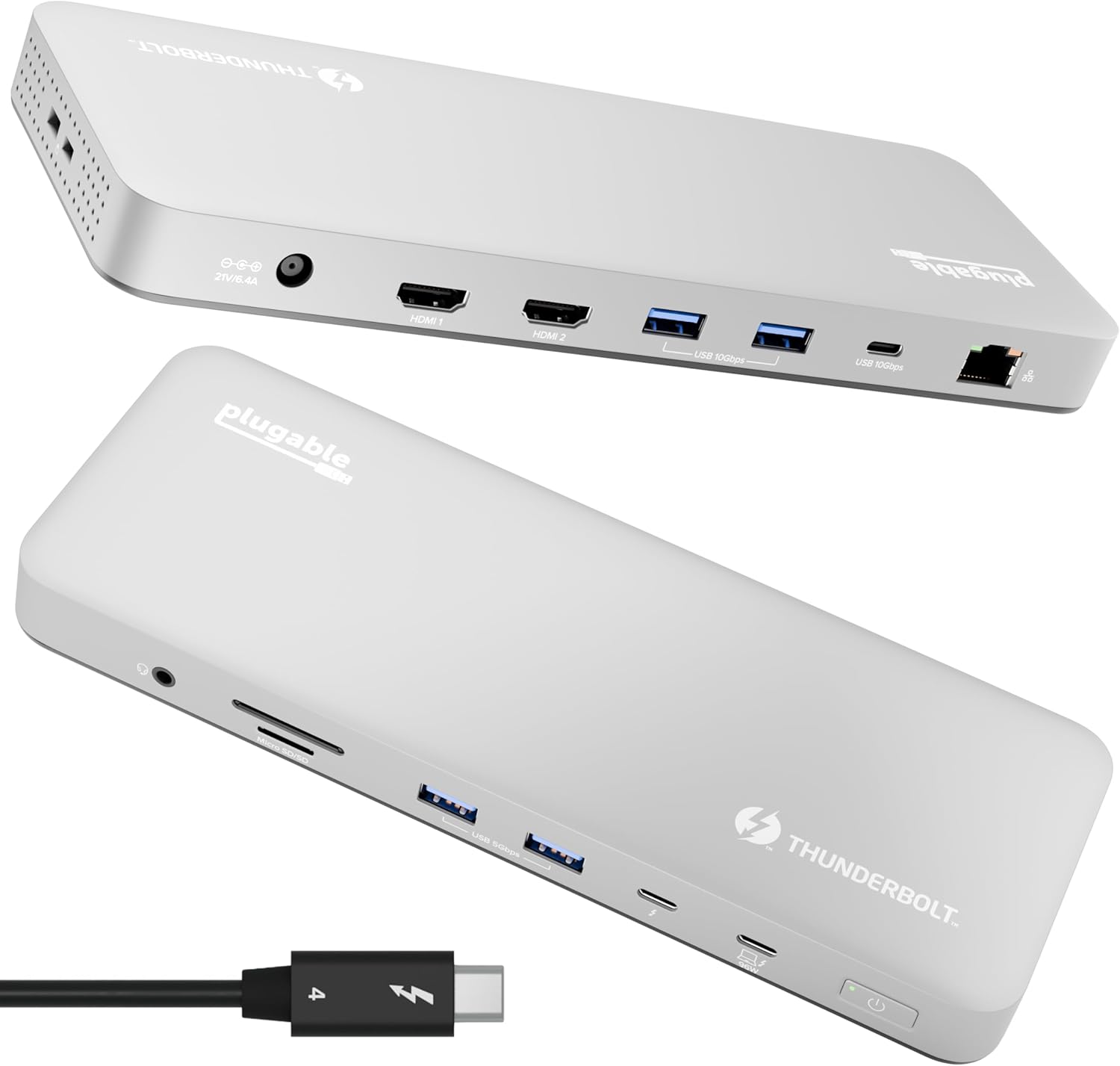 Plugable Thunderbolt 4 docking station front view showcasing space gray aluminum design