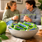 Mini Mentos Green Apple candies in a decorative bowl
