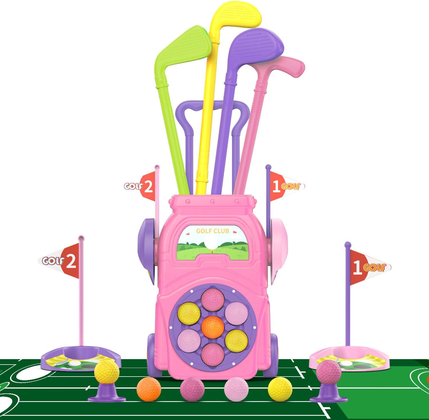 EveStone kids golf toy set front view with cart and clubs