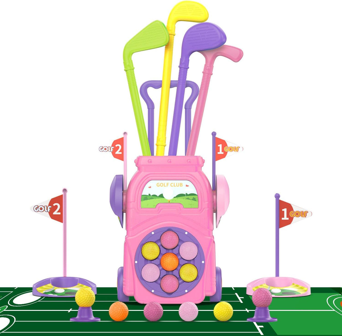 EveStone kids golf toy set front view with cart and clubs