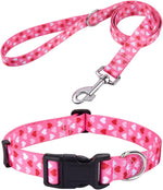 Mihqy dog collar and leash set front view with pink heart pattern