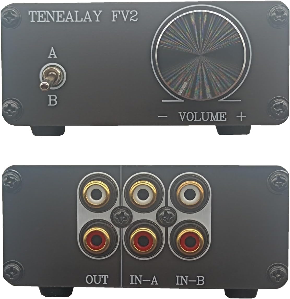 TENEALAY FV2 HiFi RCA Passive Preamp front view showing volume dial and input selection toggle switch
