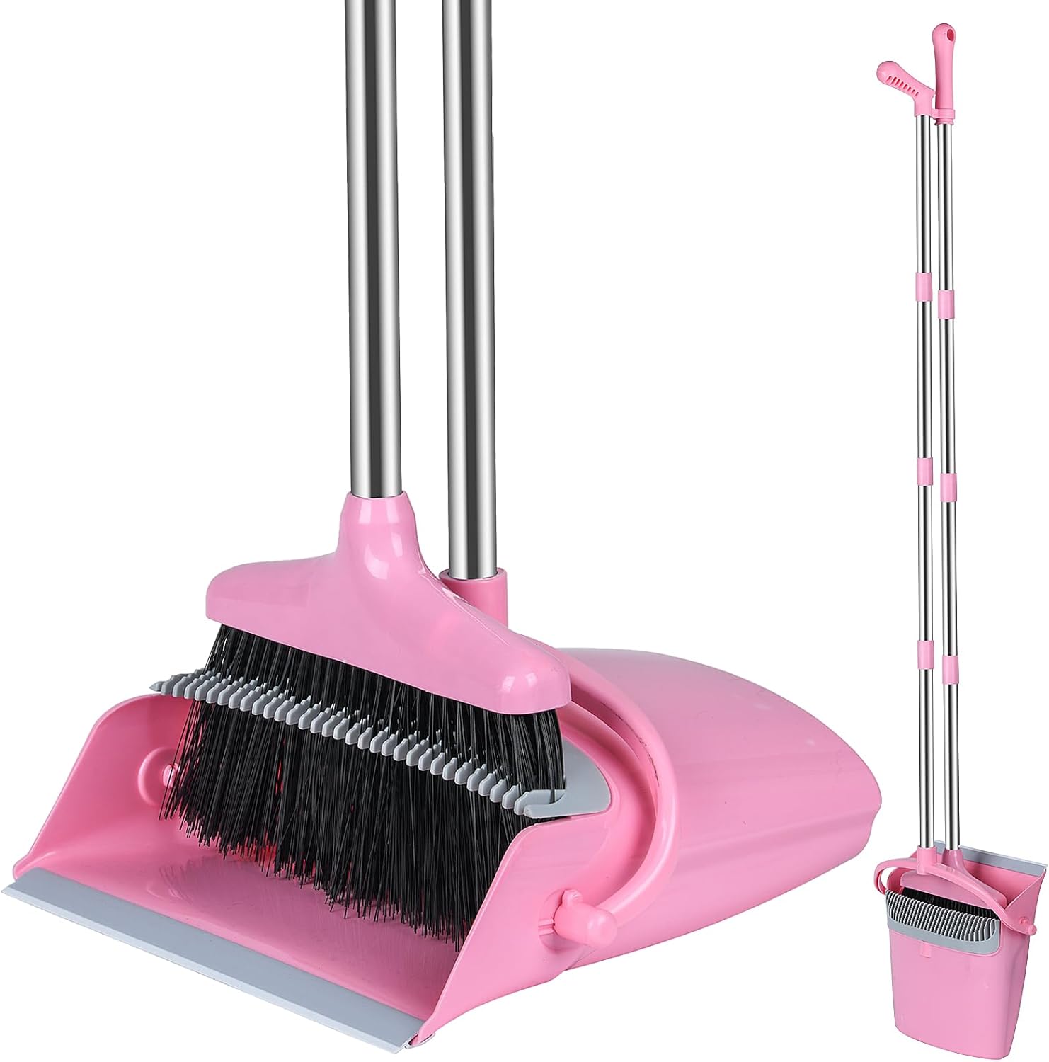 Eleckey Pink Broom and Dustpan Set front view for home cleaning.