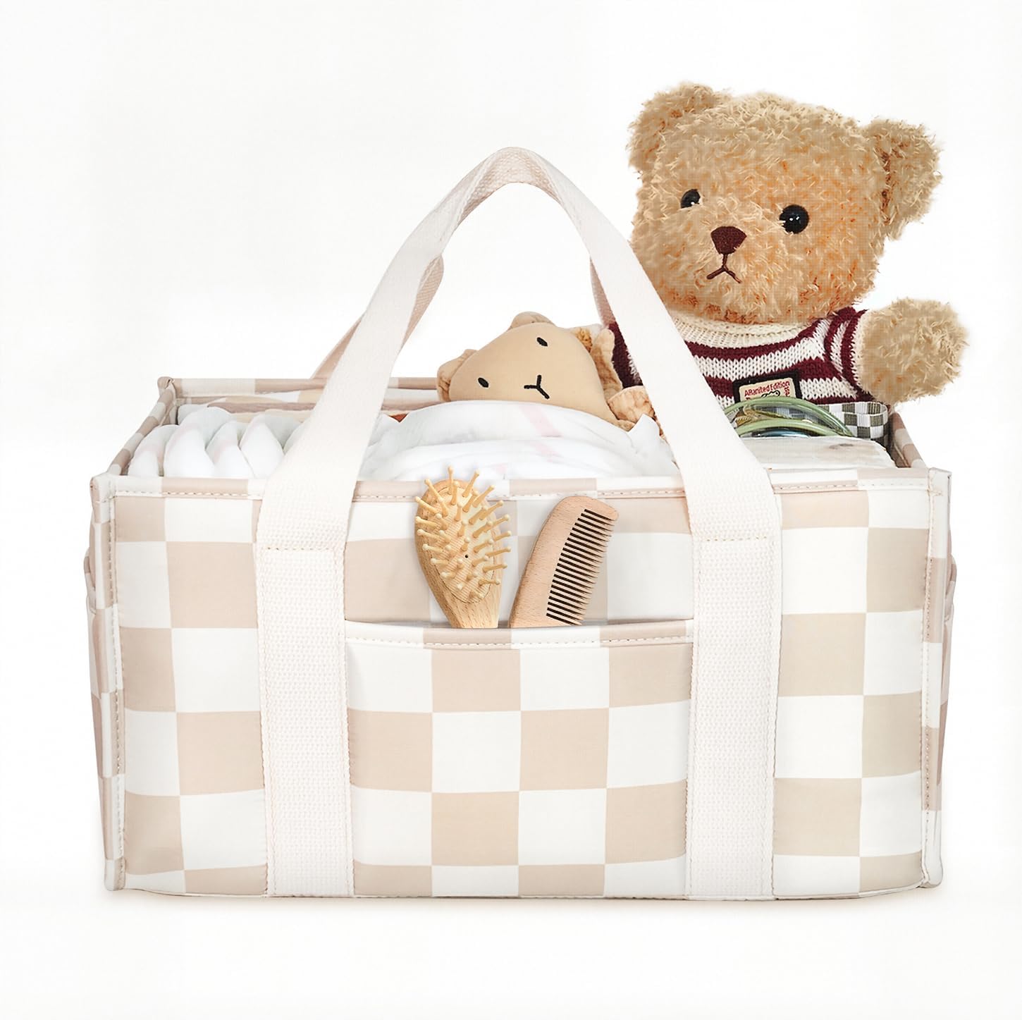 Lethooly baby diaper caddy organizer beige front view showing the stylish checkered pattern.