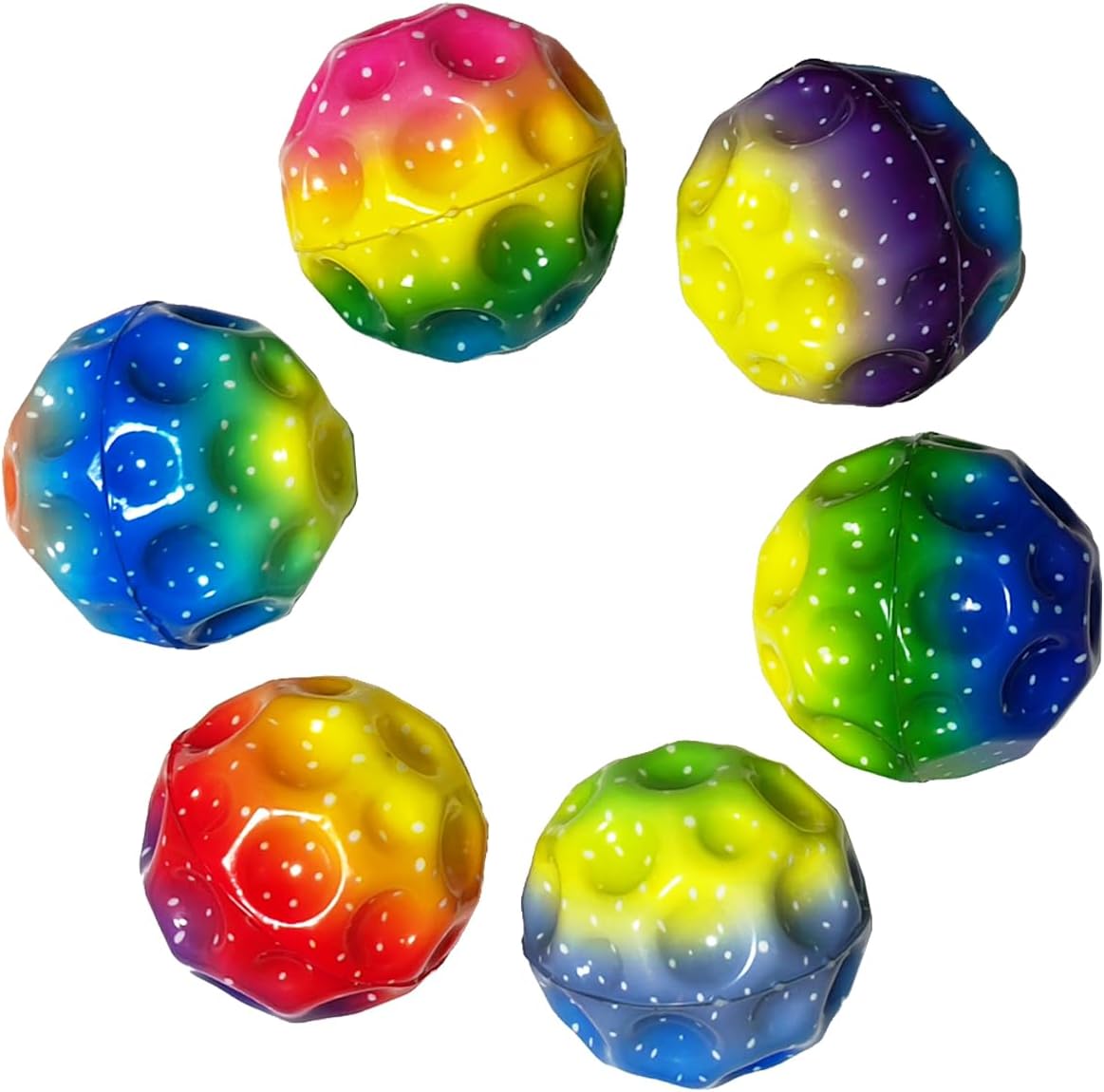 ZHEBAG super high jumping ball front view showing colorful cratered moon surface texture