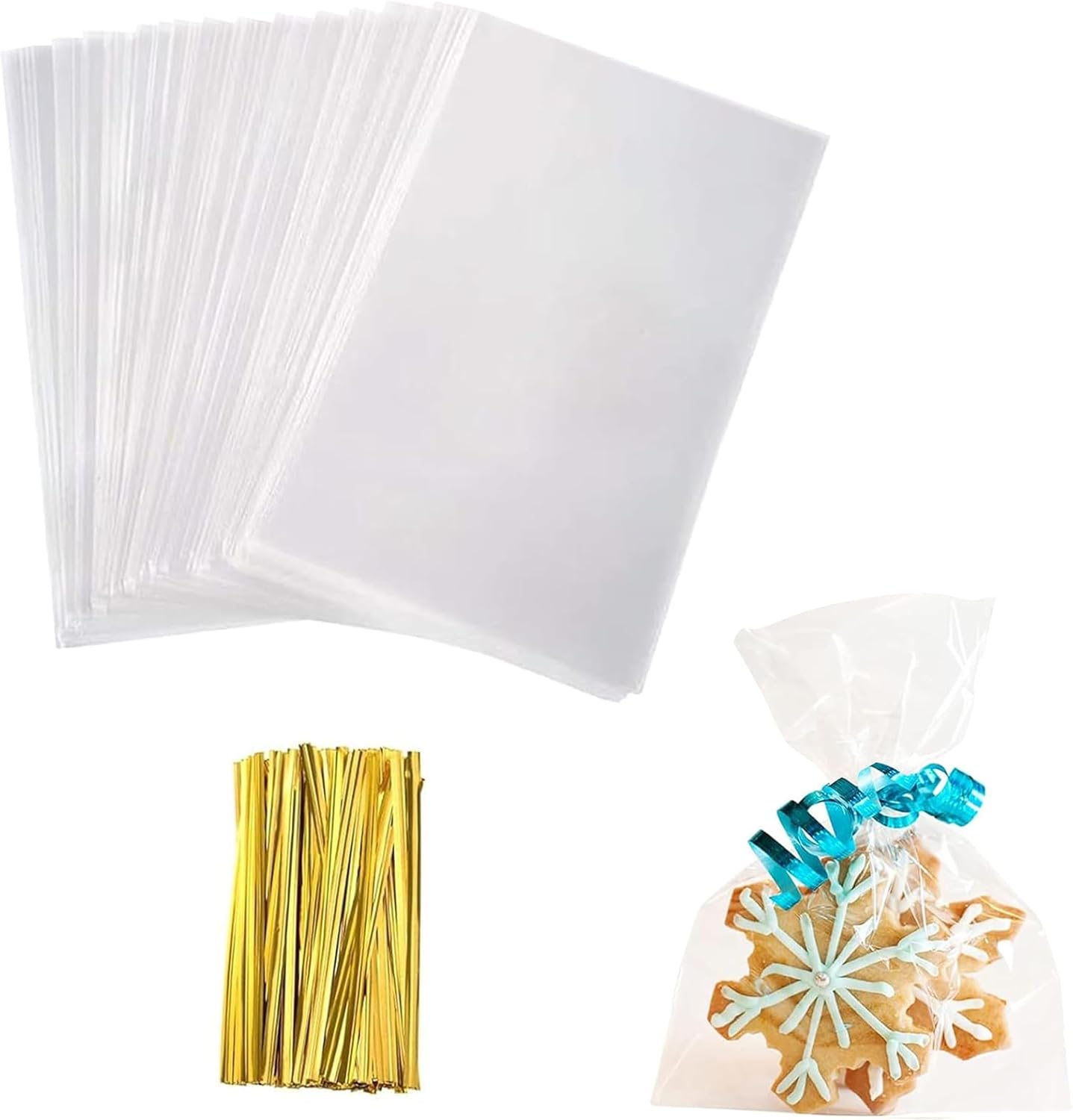 Yotelab Cellophane Treat Bags front view showing clear plastic pouches and gold twist ties
