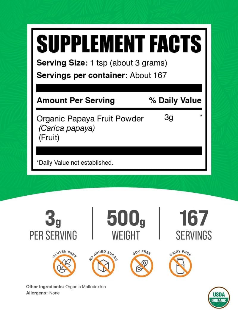 BulkSupplements 500 gram organic papaya powder packaging