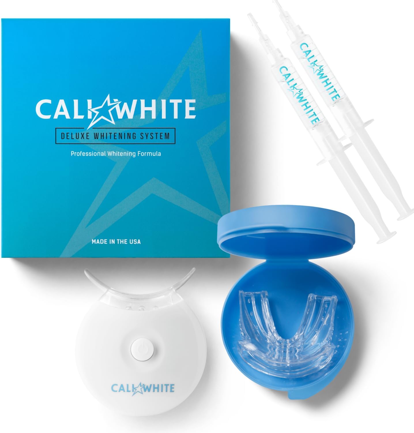 Cali White Teeth Whitening Strip Kit with LED Light and Batteries - Organic Peroxide Teeth Whitener Gel - Set of White Strips - 2x5ml Syringes, Thermoform Whitening Kit Trays and Case - Image 1