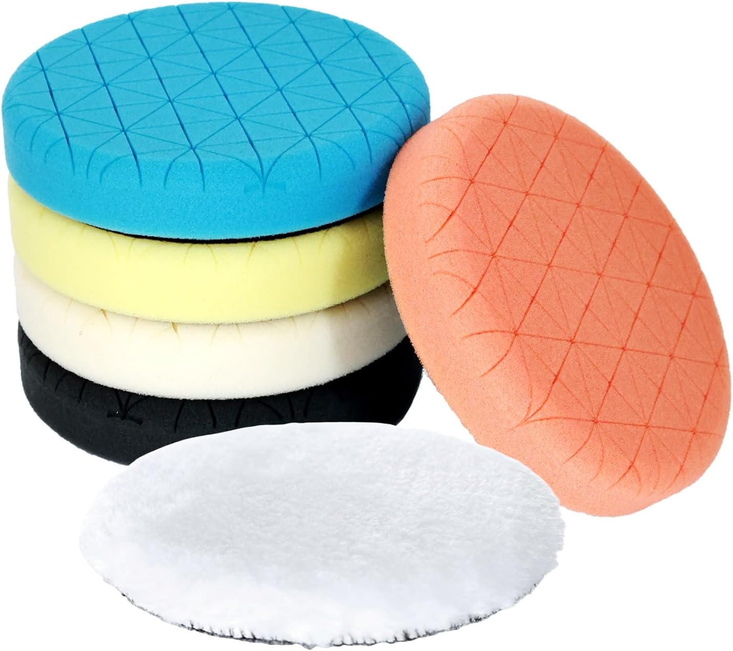 DDRHPY buffing polishing pads and wool pad kit front view layout showing six pieces