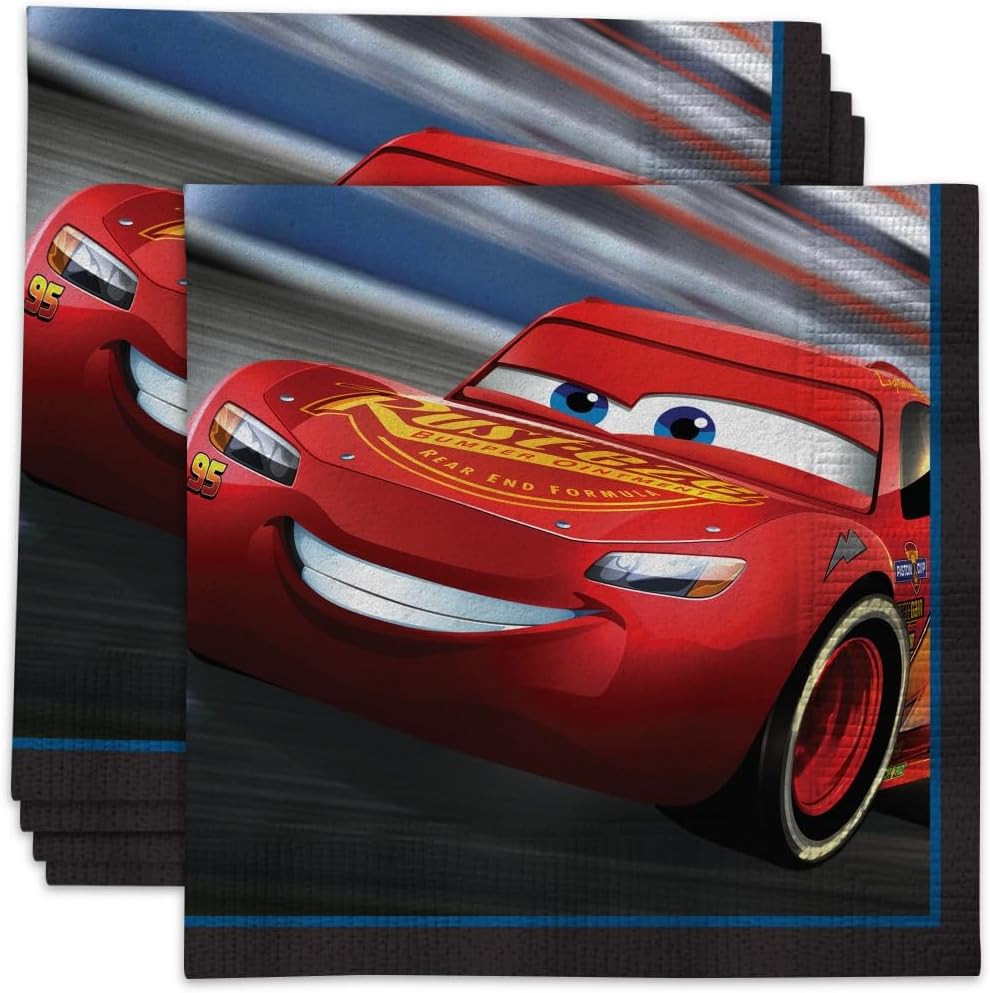 Unique Disney Cars paper beverage napkins front view pack of sixteen for kids birthday party decoration.