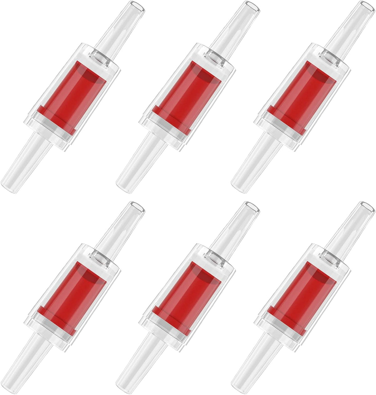 Pawfly aquarium check valves front view showing red and clear plastic design