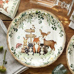 Detailed view of forest animal illustrations on party tableware