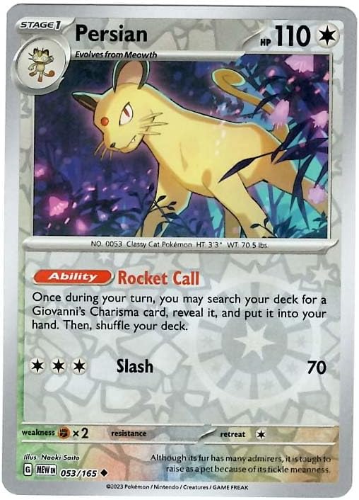 Pokemon Persian 053 165 reverse foil single card front view collectible trading card