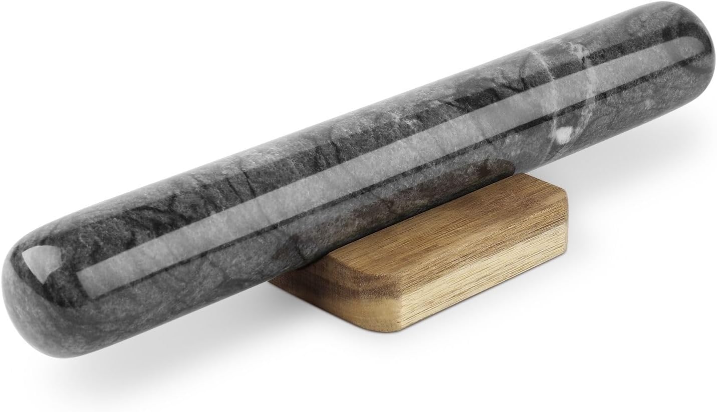 Flexzion black marble rolling pin front view with wooden stand