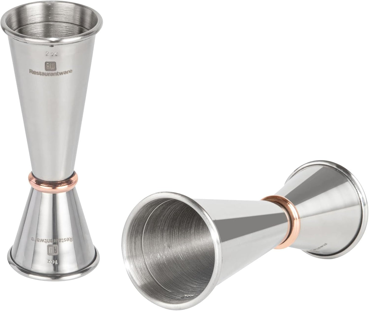 Restaurantware double sided jigger showing 1 ounce and 2 ounce capacities
