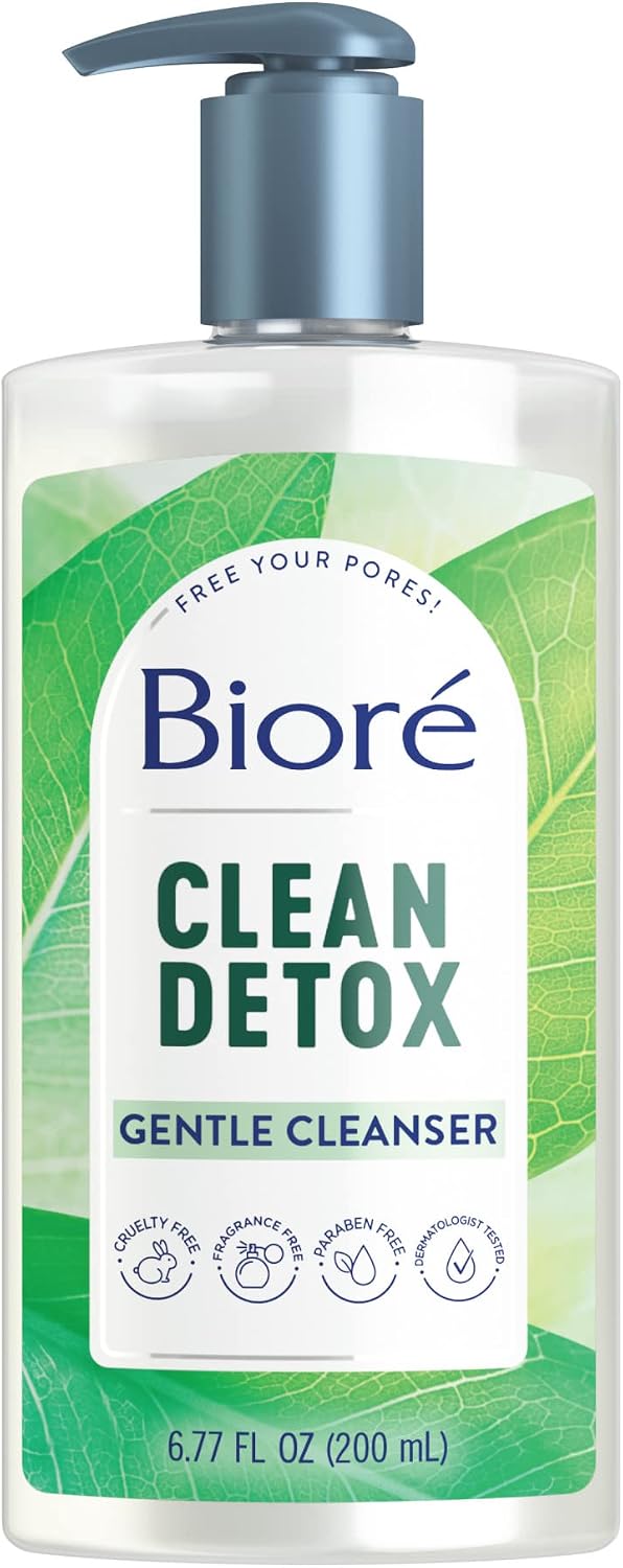 Biore Clean Detox Gentle Face Cleanser front view packaging for sensitive skin