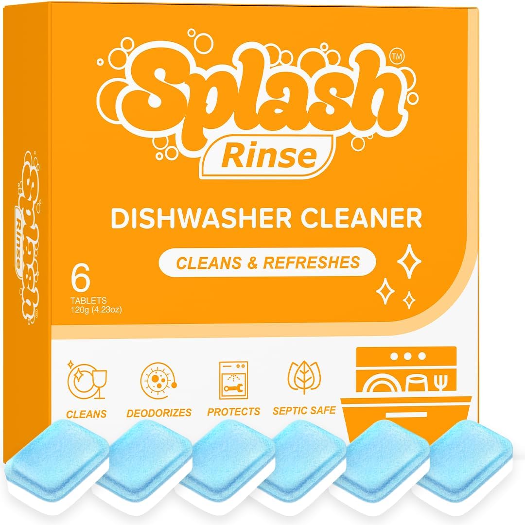 Generic Splash Rinse Dishwasher Cleaner Tablets front view of the six count pack packaging.