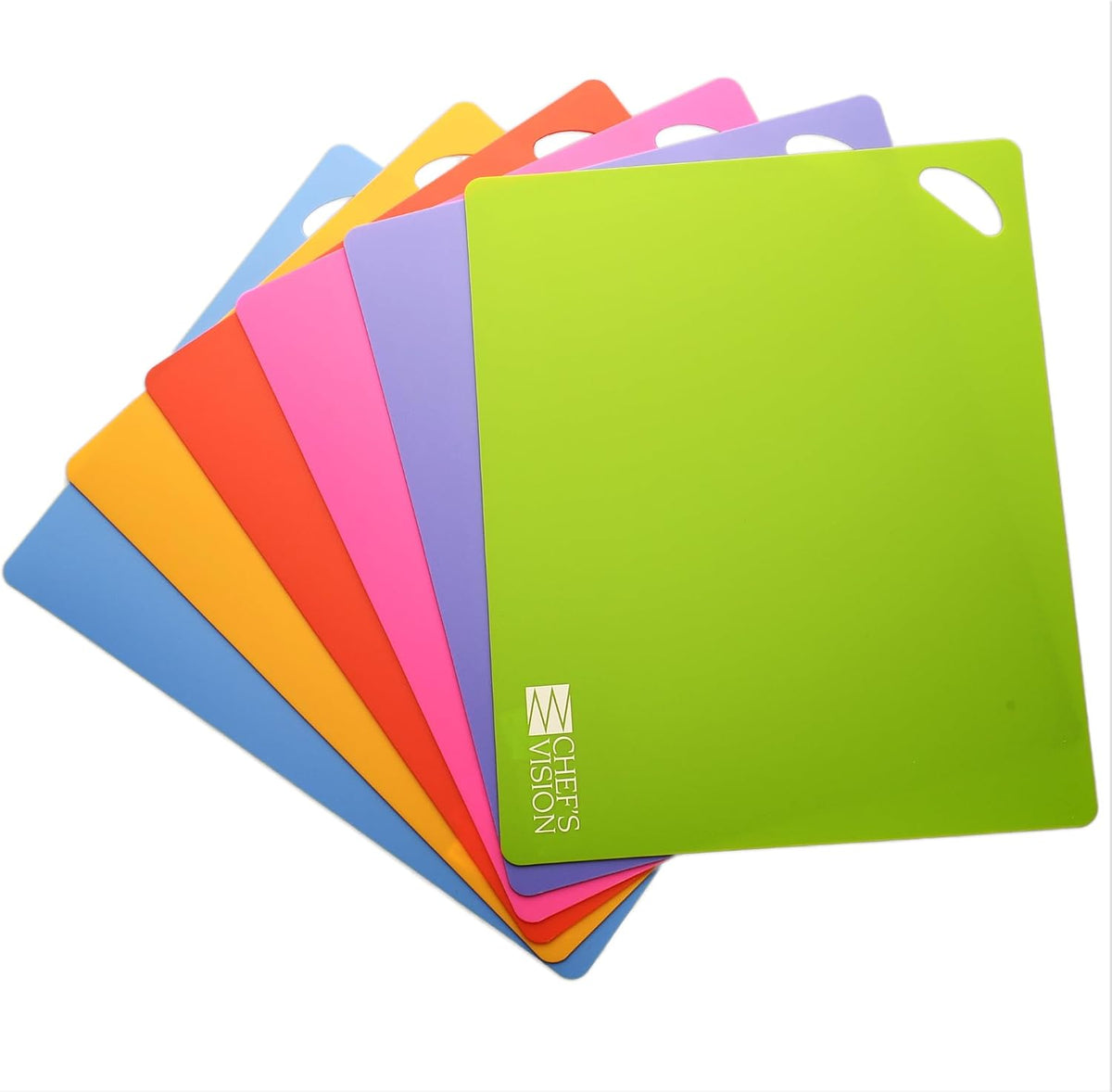 Chef's Vision flexible plastic cutting mats front view in six colors