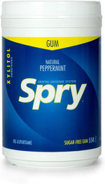 Spry plant derived xylitol gum jar showing nutrition and ingredient facts